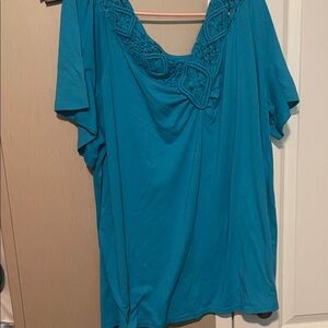 Faded Glory Teal Blouse with Crochet Accents